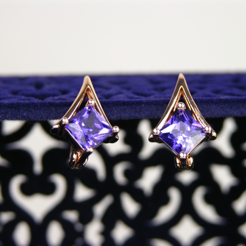Purple and Rose Gold Geometric Lever Back Earrings - Picture 5 of 9
